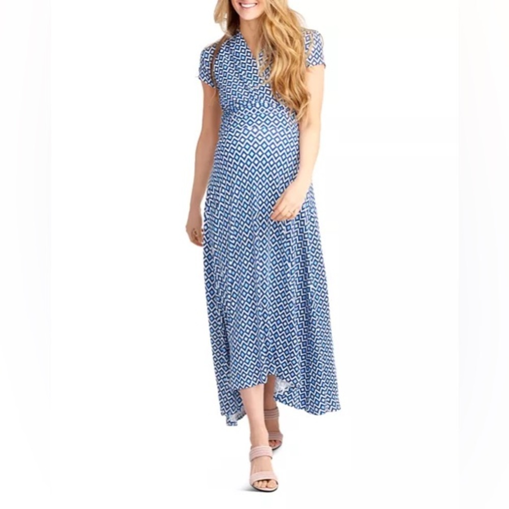 Blue Geometric Wrap-Style Maxi Dress